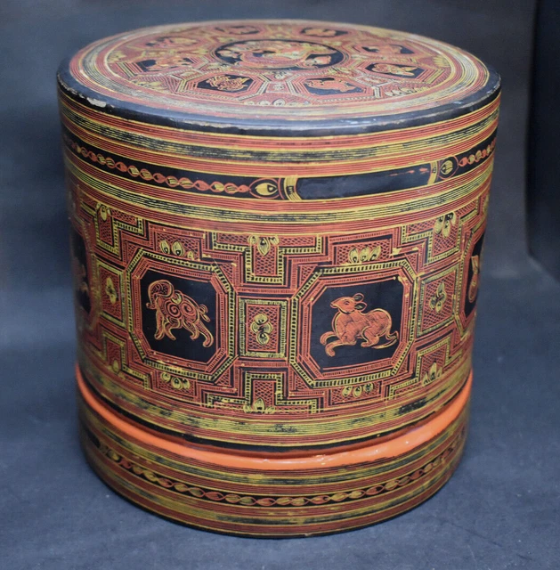 Amazing Vintage Burmese Lacquer Betel Nut Box 4 pcs Burma Myanmar Zodiac Animals 3