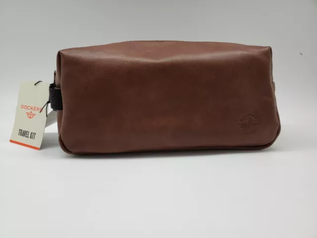 DOCKERS Men's Rounded Top Toiletry Travel Kit Brown Faux Leather w/Handle $40