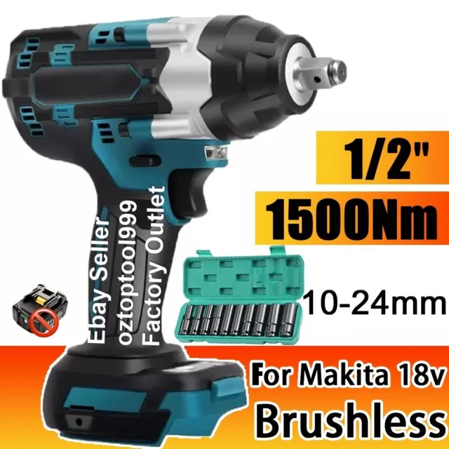 1500NM 1/2'' Brushless Cordless Impact Wrench Rattle Gun For Makita 18V Battery