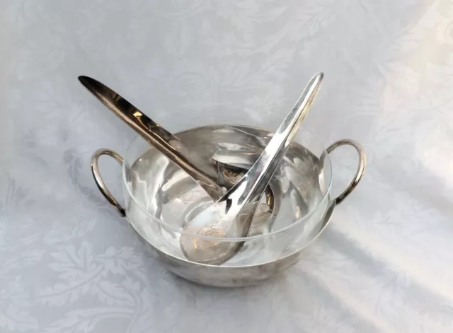 Fala Lega Argentata ITALY Silver Plated Salad Bowl, Glass Bowl Insert & Utensils