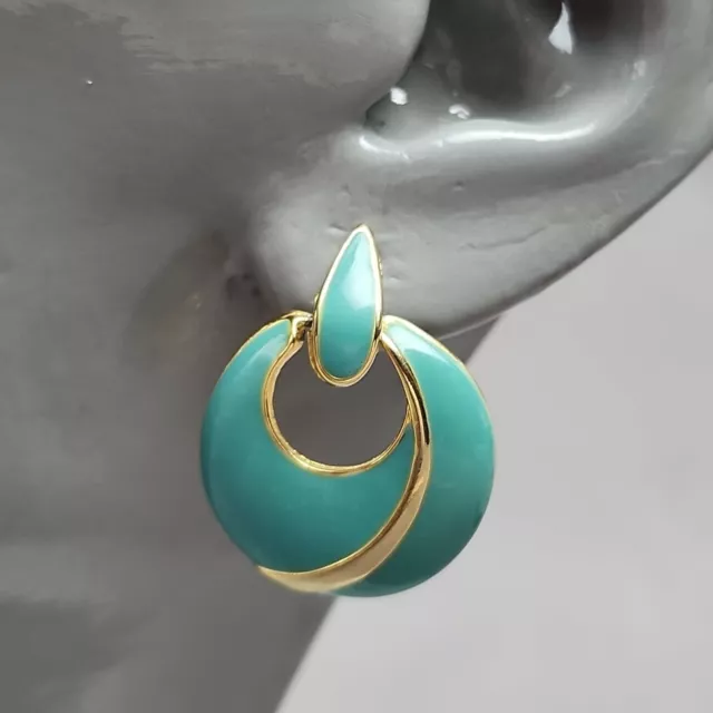 Vintage Pale Blue Green Enamel Dangle Gold Tone Pierced Earrings Retro