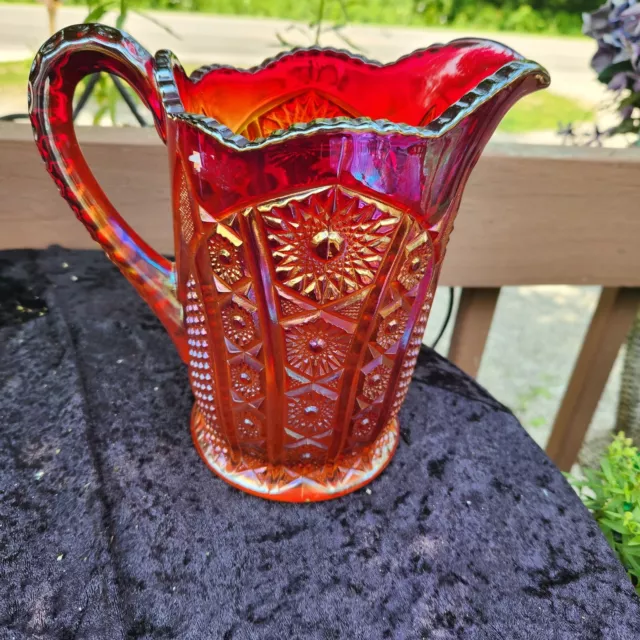 Vintage Indiana Carnival Glass Iridescent Sunset Red Amberina Heirloom Pitcher