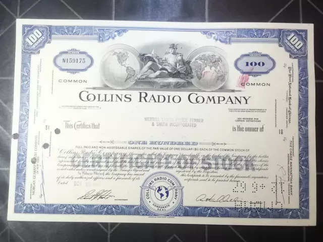 Stammaktie/Common Stock, Collins Radio Company, 100 Shares, 1967, entw./canceled