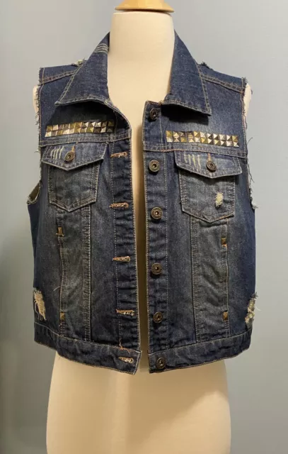 NWOT Dollhouse Denim Cropped Studded Distressed Jean Vest Size L Boho Jacket