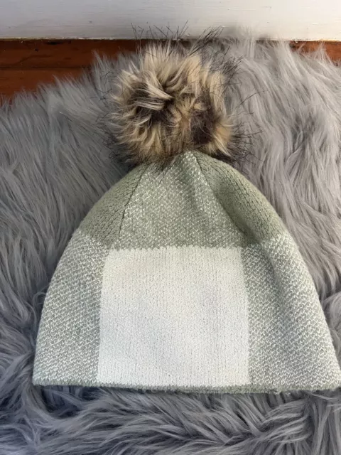 Christian Siriano NY Beanie Hat Snowboard Ski Winter Green Cream Fur Pom Pom