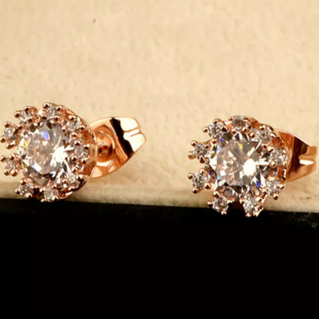 Sparkly Rose gold finish clear CZ Stud Earrings round shaped dress shiny gift UK