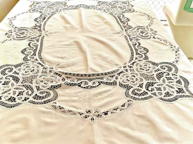 Stunning Ecru Cotton Large Battenburg  Lace Oblong Tablecloth Unused