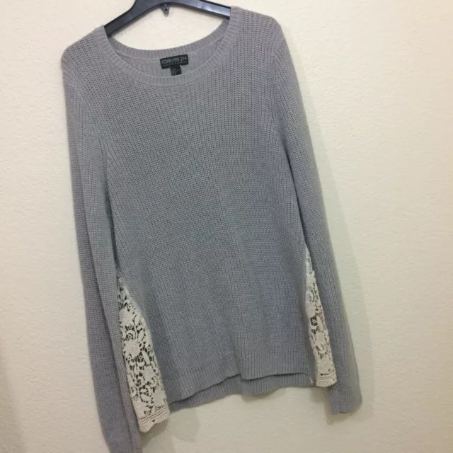 Forever 21 Plus Size Womens 2X Knit Sweater Crochet Details Gray