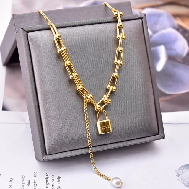 18K Gold Plated Love Lock Pendant Womens Stainless Steel Necklace Jewellery