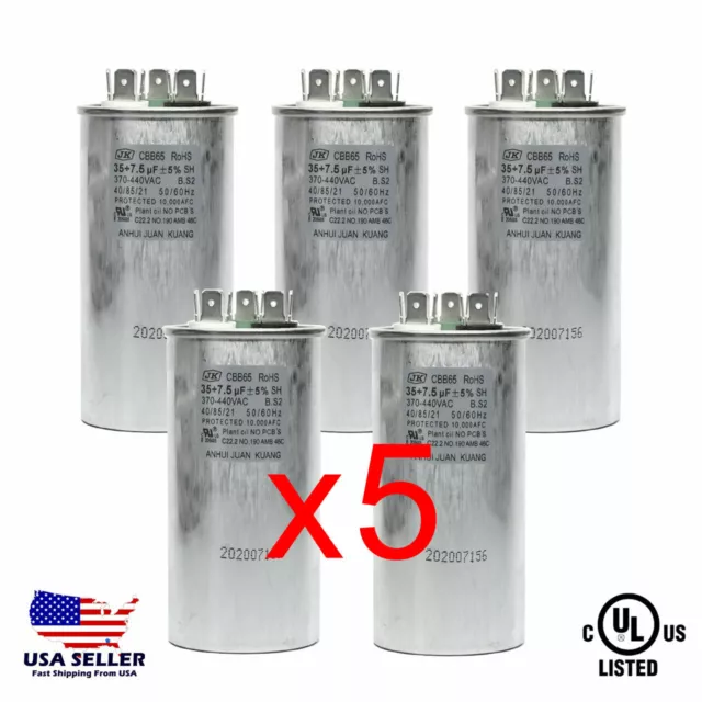 (5pc) 35/7.5 MFD Round Capacitor Dual Run HVAC AC 35+7.5µF 370-440VAC 50/60Hz 5%