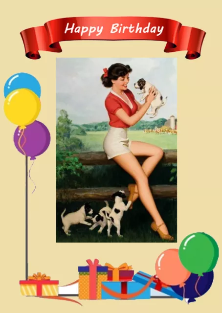 Pin Up Girl With Cute Jack Russell Fox Terrier Pups Dog Birthday Greetings Card