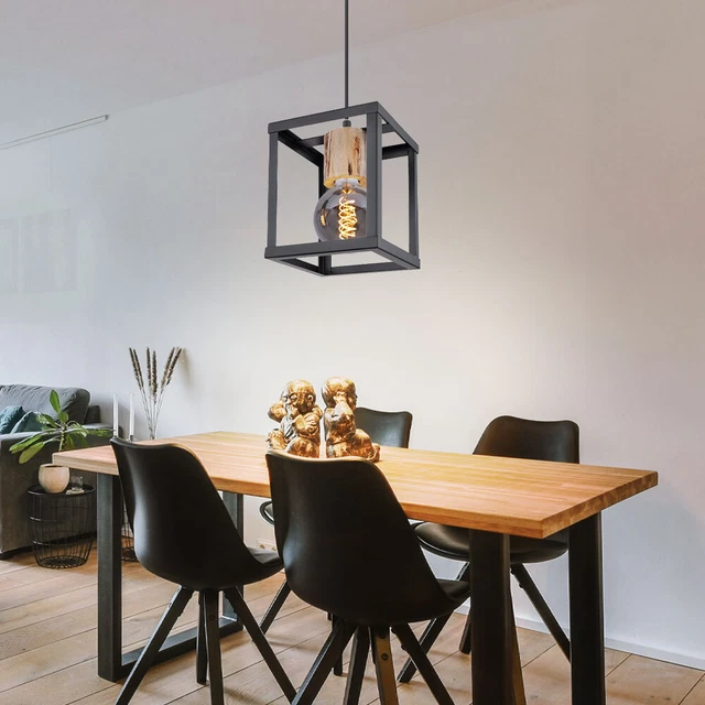 Lustre Plafonnier Suspension Lampe Industriel Vintage avec Bois et Métal Réglable pour E27*10