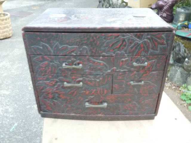 Kamakura-bori Sewing Box, Peony Flower, 3 Tiers, Made in Japan, Antique