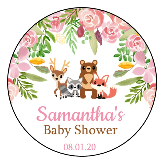 12 Woodland Baby Shower Stickers Favors Labels tags 2.5" Forest Animals Floral