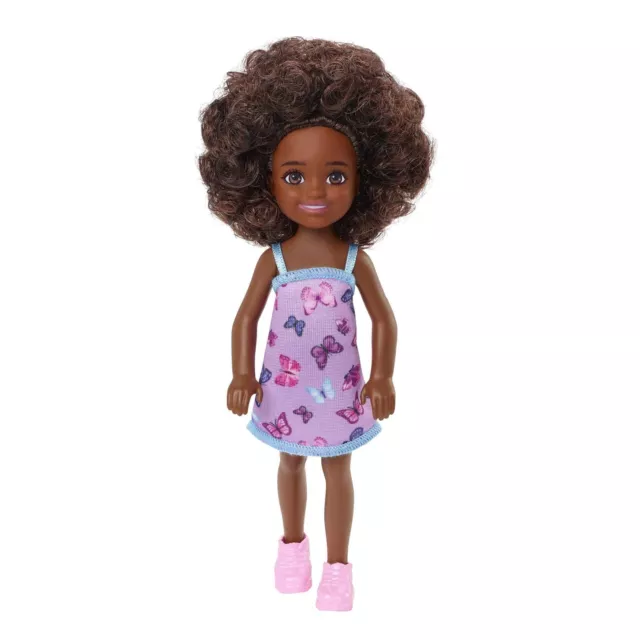 Barbie Chelsea Doll (Curly Brunette Hair) Wearing Butterfly-Print Dress and Pink