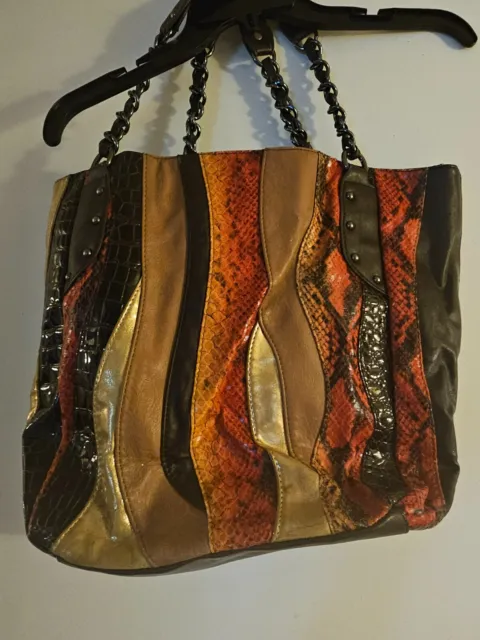 Carlos Santana Brown Black Faux Snake Skin Faux Leather Gold Tote Purse Handbag