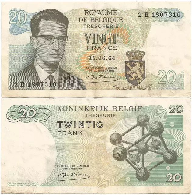1964 KINGDOM of BELGIUM "Vingt" or 20 Francs TREASURY Not a NATIONAL BANK Note