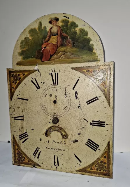 Antique English Grandfather Clock Dial, Hand Painted, J. Pearce, Camelford +Mvt.