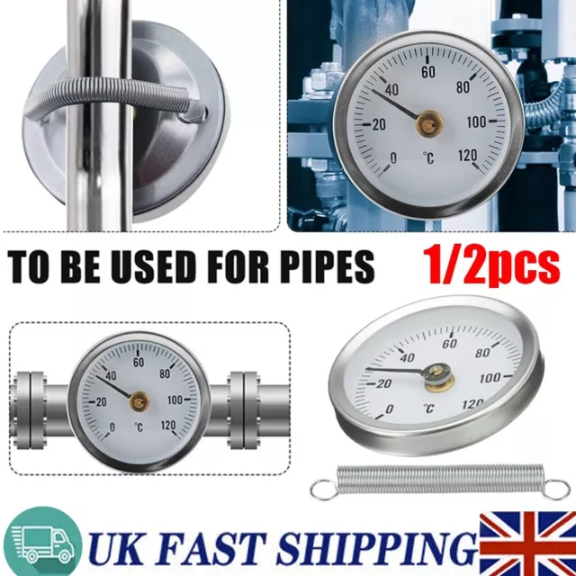 Pipe Thermometer Temperature Gauge Clip On Spring 0-120℃ 63mm Hot Water Dial