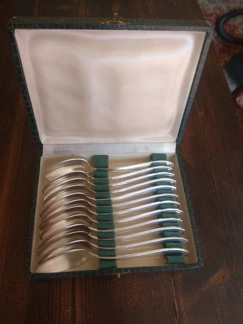 Coffret De 12 Cuillères à Café Poirier - Métal Argenté - Chalons Sur Marne 1955