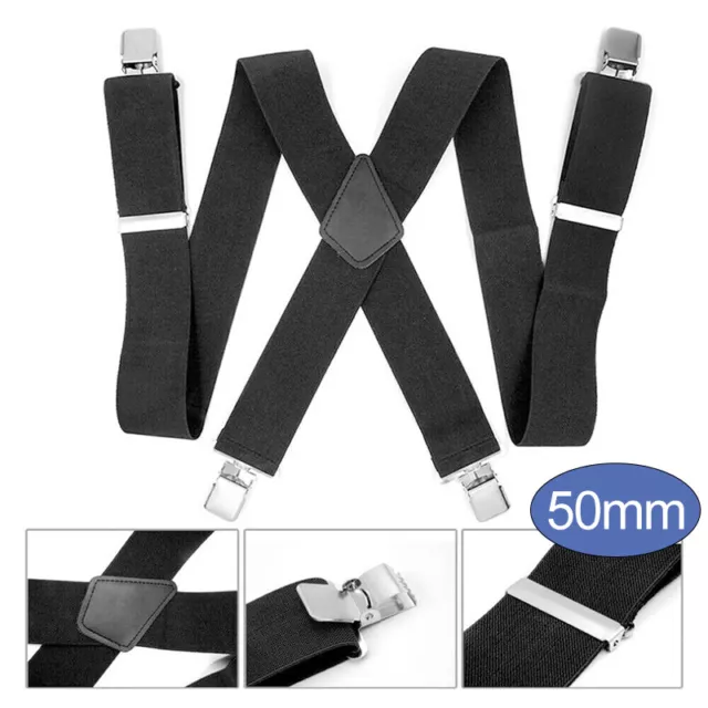 Men's 50mm Wide Suspenders Heavy Duty Elastic Leather Clip On Braces Trousers