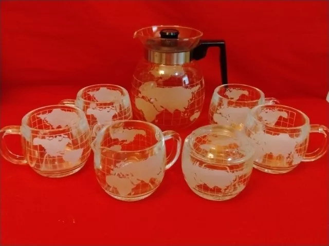 Vintage Nestle Nescafe Glass World Globe Coffee Pot, 4 Mugs, Creamer and Sugar