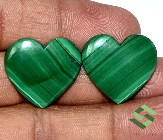 46.23 CTS Natural Malachite Heart Shape Cabochon Pair 23x23 mm Loose Gemstones 2