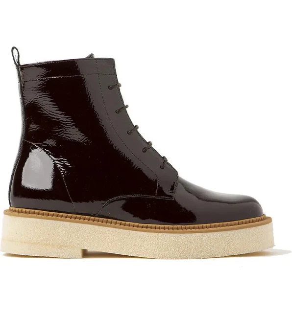 NIB Paloma Barcelo Women's Patent Leather Prudence Lace Up Boots Brown EU 40