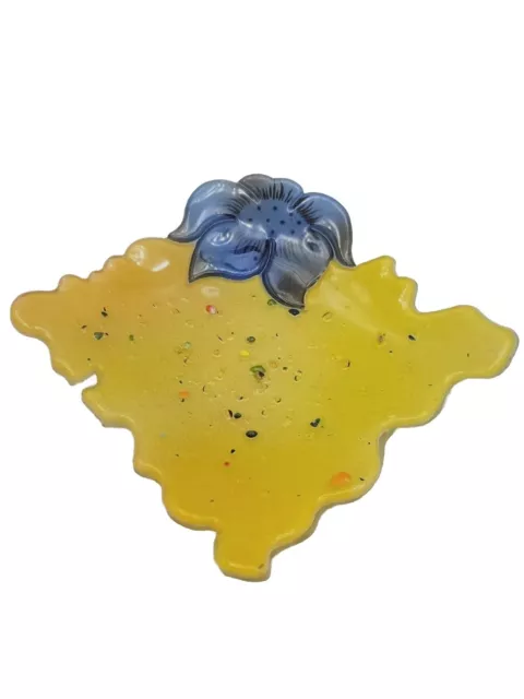 Studio Art Glass Yellow Blue Flower Confetti Abstract Trinket Jewelry Dish