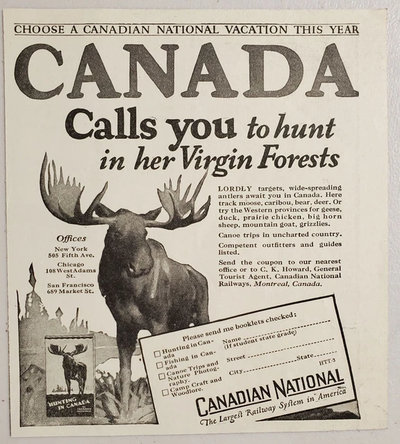 1927 Print Ad Canadian National Railway Canada Calls You to Hunt Bull Moose