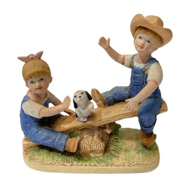 Homco Denim Days Figurine Playtime Boy Girl and Puppy on Seesaw #8827 Vtg 1985
