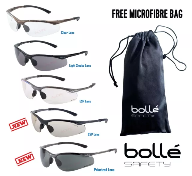 BOLLE CONTOUR Safety Glasses Clear Smoke ESP Lens Anti-Fog Anti-Scratch FREE Bag