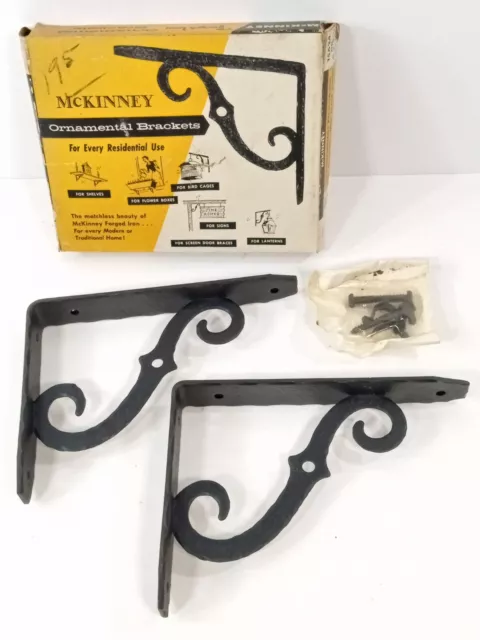 NOS Pr Vtg McKinney Forged Wrought Iron Ornamental Brackets 4.5"x6"