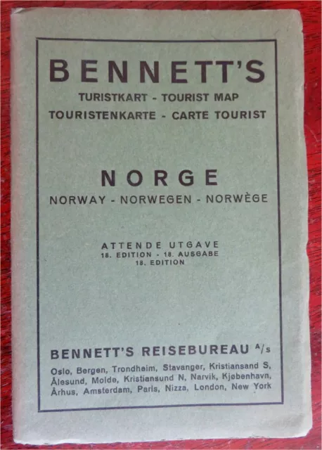 Bennett's Tourist Map of Norway c. 1930's folding pocket map