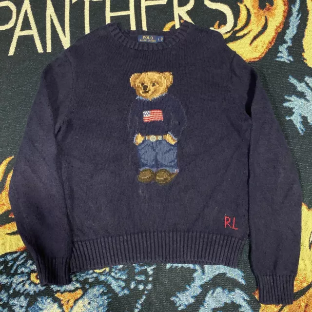 Vintage Polo Ralph Lauren Navy Blue Cotton Linen Teddy Bear Sweater Size Large