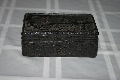 Carved Black Lacquer Jewelry Box Oriental Asian Antique Old Hinged Box