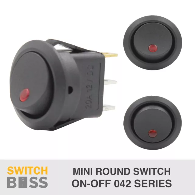 MINI ROUND TOGGLE SWITCH - Black with RED LED 12v On Off SPST Rocker Switch