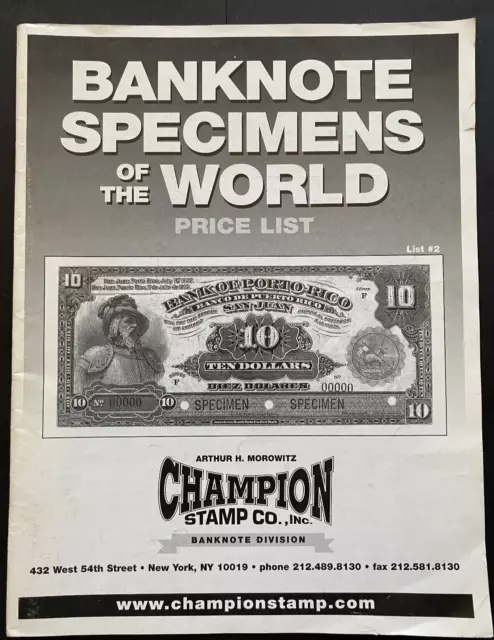 BANKNOTE SPECIMENS OF THE WORLD Price List, 2000s, Arthur Morowitz, 40pgs