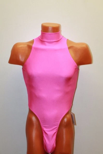 Men Thong Leotard 154-03 High Collar Hot Pink Spandex Size L