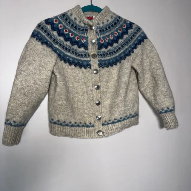 VINTAGE Siril Norway Kids Sweater 7/8 Fair Isle Cardigan 100% Wool Hand Knitted
