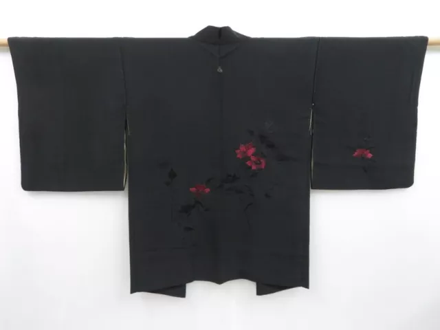 3223T10z590 Vintage Japanese Kimono Silk HAORI Flower Black Embro