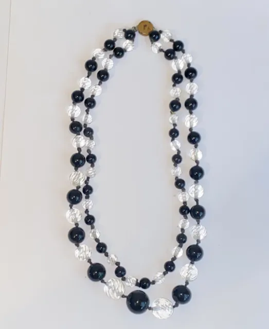 Vintage Art Deco Czech Black Glass & Clear Swirl Molded Glass Beaded Necklace