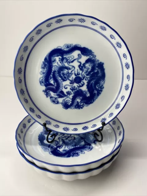 Chinese 3 Blue & White Fighting Dragons 8 1/2" Porcelain Bowls Signed - NEW!