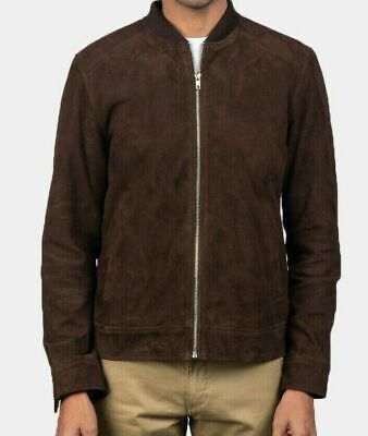 Men's Genuine Sheepskin Real Suede Leather Jacket Dark Brown Classic Bomber Coat