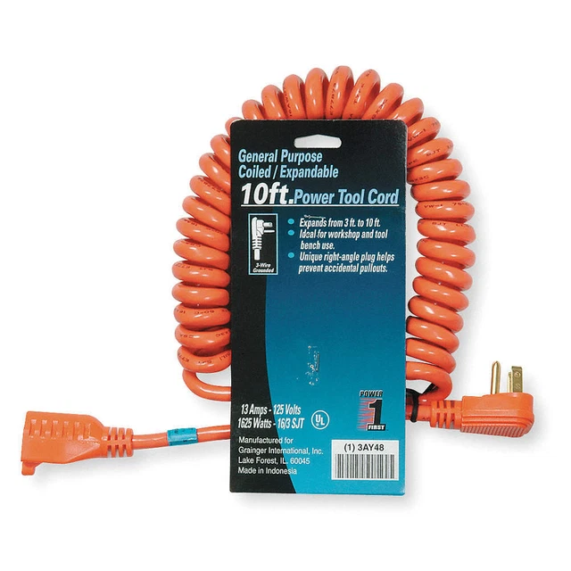 POWER FIRST 3AY48 Coiled Ext Cord,10ft,16Ga,13A,SJT,Orange