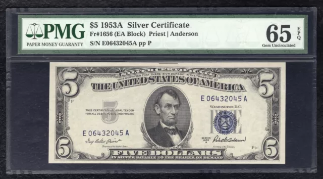 Fr. 1656 1953-A $5 Five Dollars Silver Certificate Pmg Gem Uncirculated-65Epq