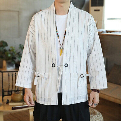 Uomo a Righe Kimono Cardigan Giapponese Aperto Davanti Giacca Sciolto Cappotto