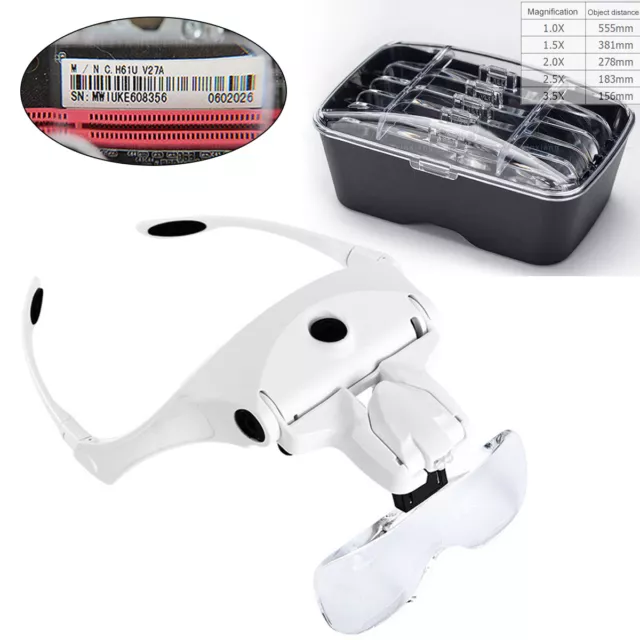 Magnifying Glass Headband 2 LED Light Magnifier Adjustable Angle With 5 Lens