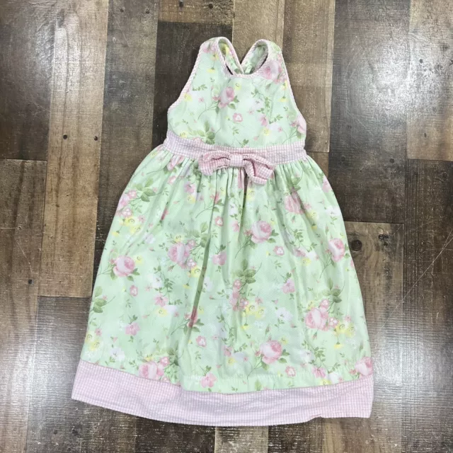 Hartstrings Girls Dress 5 Green Pink Floral Print Strappy Pullover A Line Dress
