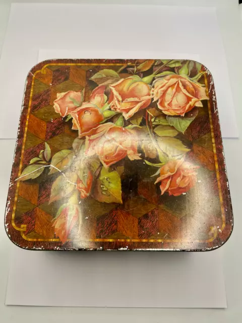 Vintage Biscuit Tin Metal Floral Roses Hinged MacFarlane grannycore cottage gift